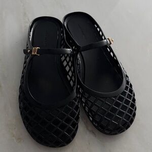 Tory Burch Black Jelly Mary Jane Flats with Gold Logo Accent